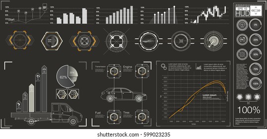 Interfaz de usuario futurista. UI HUD. Resumen de la interfaz de usuario táctil gráfico virtual. Infografía de autos. Extracto de ciencia vectorial. Ilustración vectorial.