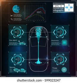 Futuristic user interface. HUD UI. Abstract virtual graphic touch user interface. Cars infographic. Vector science abstract.  Vector illustration.