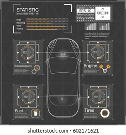 Futuristic user interface. HUD UI. Abstract virtual graphic touch user interface. Cars infographic. Vector science abstract.  Vector illustration.