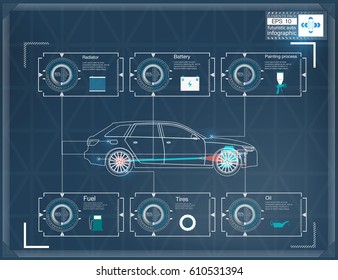 Futuristic user interface. HUD UI. Abstract virtual graphic touch user interface. Cars infographic. Vector science abstract.  Vector illustration.