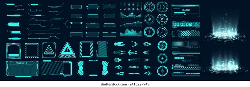 Futuristic user interface mega set in flat design. Comprehensive Futuristic HUD Interface Element with Glowing Neon Aesthetics. Tech hologram frame chart digital interface control. Vector illustration