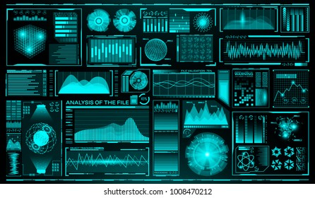 Futuristic user interface set. HUD. Future infographic elements. Technology and science theme. Analysis system. Scanning graphs and waves. Vector illustration.