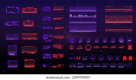 Futuristic user interface set. Neon panel with holographic elements. Display window with buttons, arrow and frame. High tech game pad for ui. Vector illustration isolated on black background