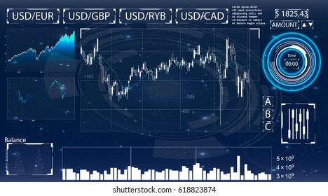 Futuristic user interface for trading applications. Touch interface. Abstract virtual graphic touch user interface. HUD. Blue and white elements. Web elements