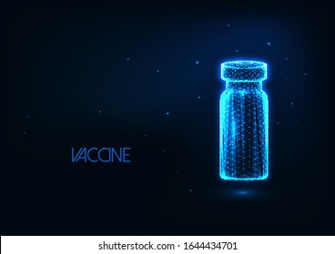 Futuristic vaccination  research concept with glowing low polygonal ampule with vaccine isolated on dark blue background. Modern wire frame mesh design vector illustration. 