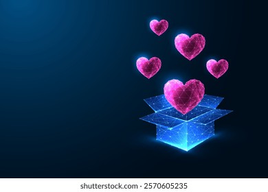 Futuristic Valentines Day concept with glowing polygonal pink hearts emerging from blue box on dark background. Symbol of love, romance, surprises. Neon low-poly style abstract vector illustration