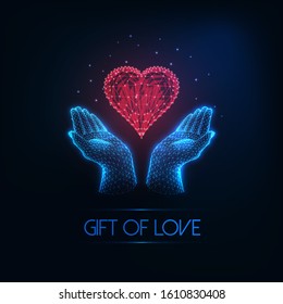 Futuristic valentines day greeting card with glowing low polygonal human hands holding red heart symbol on dark blue background. Modern wire frame mesh design vector illustration.