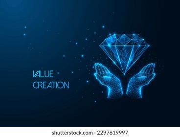 Futuristic Value creation in business idea, excellent customer experience concept with glowing low polygonal hands holding diamond on dark blue background. Modern abstract design vector illustration.