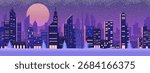 Futuristic vaporwave city skyline under the snow at Christmas, lights and decorated trees, holiday background