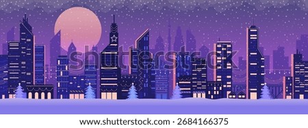 Futuristic vaporwave city skyline under the snow at Christmas, lights and decorated trees, holiday background