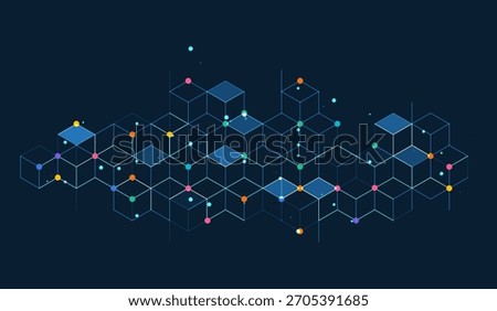 Futuristic vector of 3D glowing cubes in blockchain-style network on dark background, ideal for data systems, digital finance, decentralized tech, and abstract technology concepts.