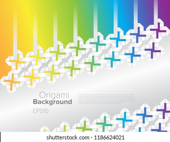 Futuristic Vector 3D paper Origami Background. White abstract texture with colored rainbow quatrefoils. Art design for your cover, booklet, poster, flyer, website, banner other advertising.