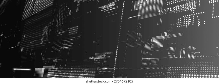 A futuristic vector background with a digital pixel matrix pattern on a dark background. Data flow or a futuristic map of a technological network. Dynamic particles of digital data penetrate cyberspace.