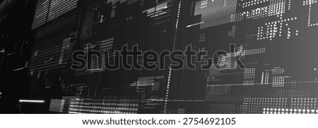 A futuristic vector background with a digital pixel matrix pattern on a dark background. Data flow or a futuristic map of a technological network. Dynamic particles of digital data penetrate cyberspace.