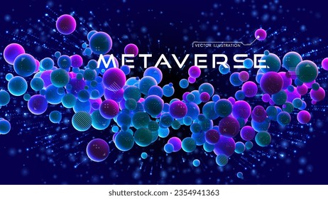 Futuristic vector background of metaverse digital cyber world technology with neon glowing spheres. Future digital technology, data science, particles, digital world, virtual reality, cyberspace