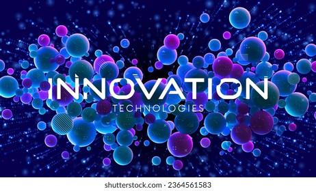 Futuristic vector background with neon glowing spheres. Innovation technologies, metaverse, data science, particles, digital world, virtual reality, cyberspace. Development and science technology