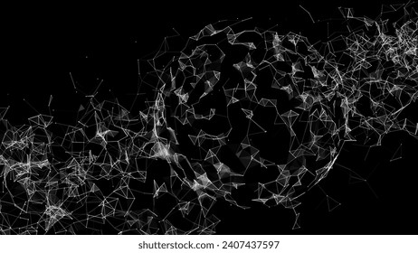 Futuristic vector black sci-fi sphere in space with waves around. Technology circle a network connection big data. Digital ai background with particles. 3D wireframe geometric sphere.