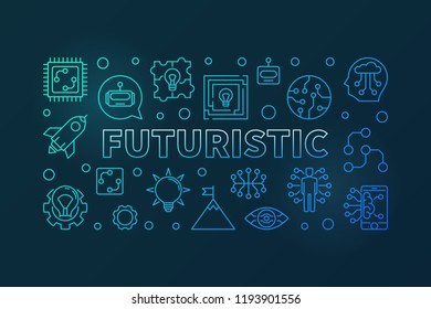 Futuristic vector blue horizontal banner in thin line style. Future technology and innovation modern illustration on dark background