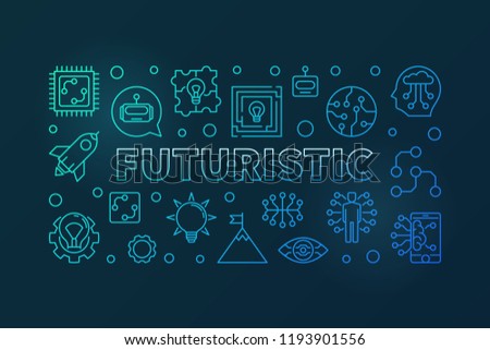 Futuristic vector blue horizontal banner in thin line style. Future technology and innovation modern illustration on dark background