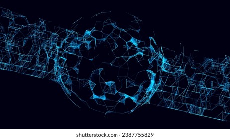 Futuristic vector blue sci-fi sphere in space with waves around. Technology circle a network connection big data. Digital ai background with particles. 3D wireframe geometric sphere.