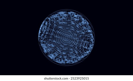 Futuristic vector blue sci-fi sphere in space. Technology circle a network connection big data. Digital ai background with particles. Abstract frame ball. 3D wireframe geometric sphere.
