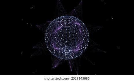 Futuristic vector colors sci-fi sphere in space. Technology circle a network connection big data. Digital ai background with particles. Abstract frame ball. 3D wireframe geometric sphere.