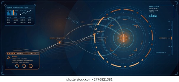 Futuristic vector crowd control HUD showing density analytics, restraint warning, feed status and circular tracking radar on dark blue grid