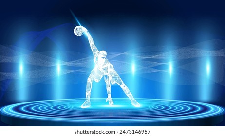 Futuristic vector design of the blended line art of a basketball player hologram on the spotlight podium.