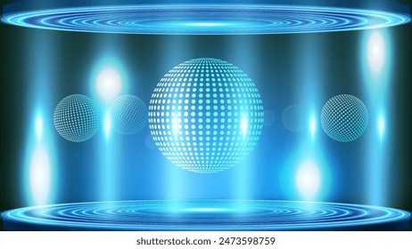 Futuristic vector design of the blended line art of spheres hologram on the spotlight podium.