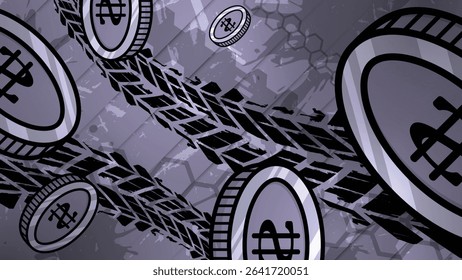 Futuristic vector design with crypto coins and tire tracks, suitable for technology, blockchain or digital finance themes, eps 10, editable.