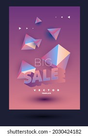 futuristic vector design with flying volumetric polygons and lettering big sale and arrows on the backdrop with gradient