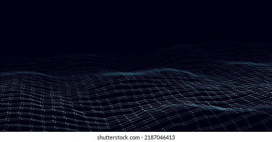 Futuristic vector digital wave. Dark glitch cyberspace. Abstract wave with dots and line. White moving particles on a blue background.