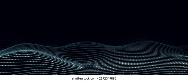 Futuristic vector digital wave. Dark glitch cyberspace. Abstract wave with dots and line. White moving particles on a blue background.