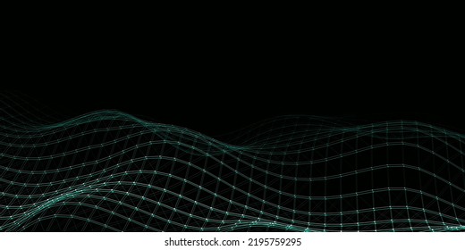 Futuristic vector digital wave. Dark glitch cyberspace. Abstract wave with dots and line. White moving particles on a blue background.