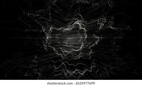 Futuristic vector digital wave with top view. Dark cyberspace. Particle explosion. Abstract wave with dots. Green moving particles on black background.