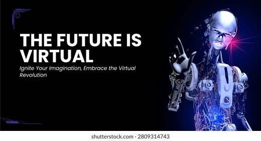 Futuristic vector EPS banner featuring a 3D female cyborg or android reaching out. The text reads 