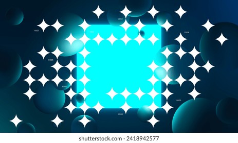 Futuristic vector gradient with glowing blue square on dark background, neon lighting with reflex on spheres and geometrical shapes modern design inspired by brutalism, Y2K style