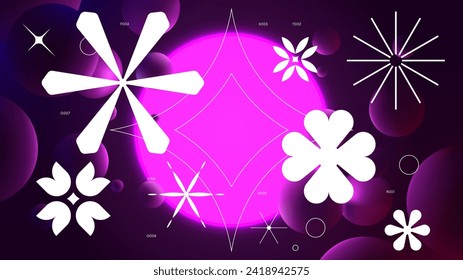 Futuristic vector gradient with glowing purple circle on dark background, neon lighting with reflex on spheres and geometrical shapes modern design inspired by brutalism, Y2K style