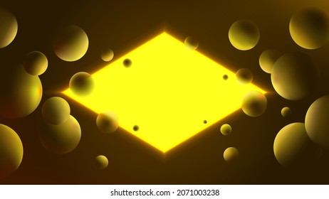 Futuristic vector gradient poster with glowing yellow rhombus on dark background, neon lighting with reflex on spheres, abstract illustration with geometric shapes