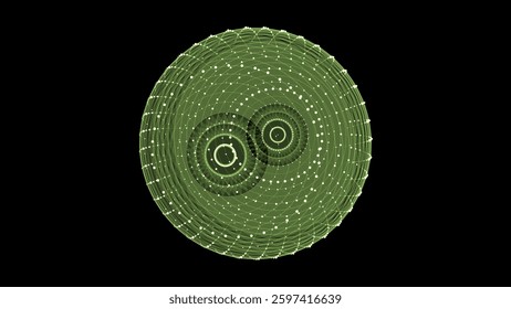 Futuristic vector green sci-fi sphere in space. Technology circle a network connection big data. Digital ai background with particles. Abstract frame ball. 3D wireframe geometric sphere.