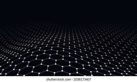 Futuristic vector hexagon wave. Dark cyberspace. Abstract wave with dots and line. White moving particles on a black background.