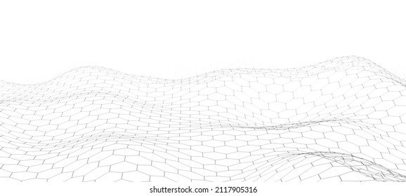Futuristic vector hexagon wave. Dark cyberspace. Abstract wave with dots and line. White moving particles on a white background.
