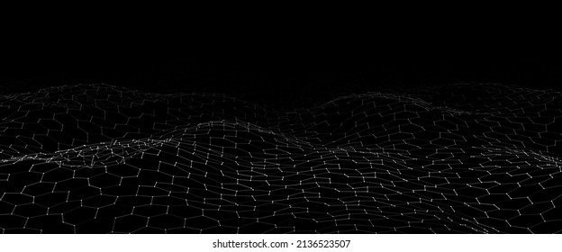 Futuristic vector hexagon wave. Dark cyberspace. Abstract wave with dots and line. White moving particles on a black background.