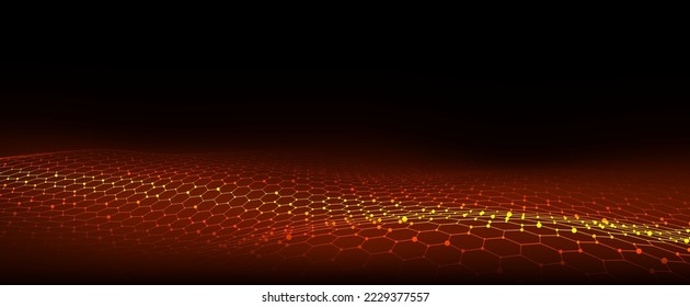Onda hexagonal vectorial futurista. Oscuro ciberespacio. Ola abstracta con puntos y línea. Partículas en movimiento naranja sobre un fondo negro.