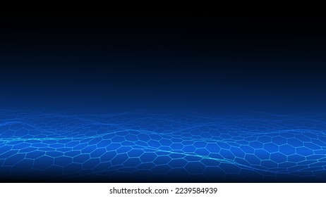 Futuristic vector hexagon wave. Dark cyberspace. Abstract wave with dots and line. Blue moving particles on a black background.
