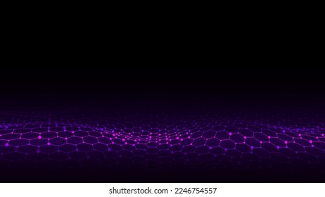 Onda hexagonal vectorial futurista. Oscuro ciberespacio. Ola abstracta con puntos y línea. Partículas movedizas rosadas sobre un fondo negro.