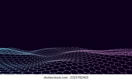 Futuristic vector hexagon wave. Dark cyberspace. Abstract wave with dots and line. Colors moving particles on a black background.