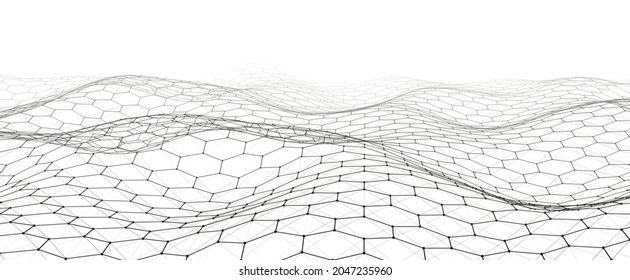 Futuristic vector hexagon wave. White cyberspace. Abstract wave with dots and line. Dark moving particles on a white background.