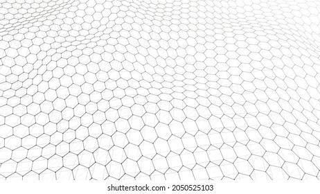 Futuristic vector hexagon wave. White cyberspace. Abstract wave with dots and line. Dark moving particles on a white background.