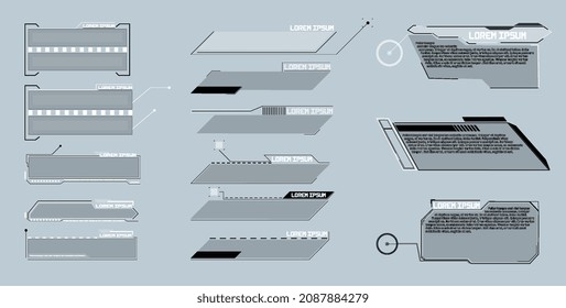  Futuristic Vector HUD Interface Screen Design. Digital callouts titles. HUD UI GUI futuristic user interface screen elements set. High tech screen for video game. Sci-fi concept design.